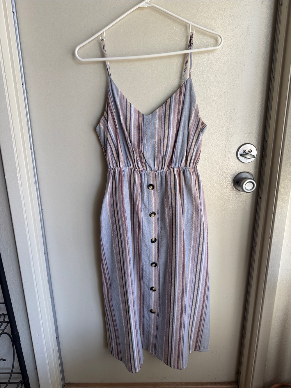 Vine & Love 100% Cotton Pastel Striped Button-Front Midi Dress
